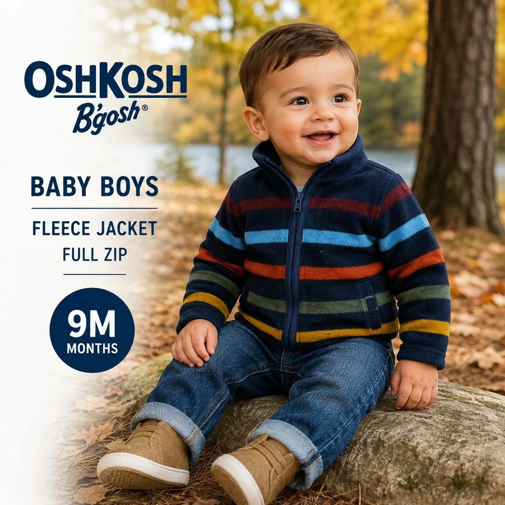 OshKosh B'gosh Fleece Jacket Kids 9M Navy Blue Striped Zip Up Sweater Mock Neck